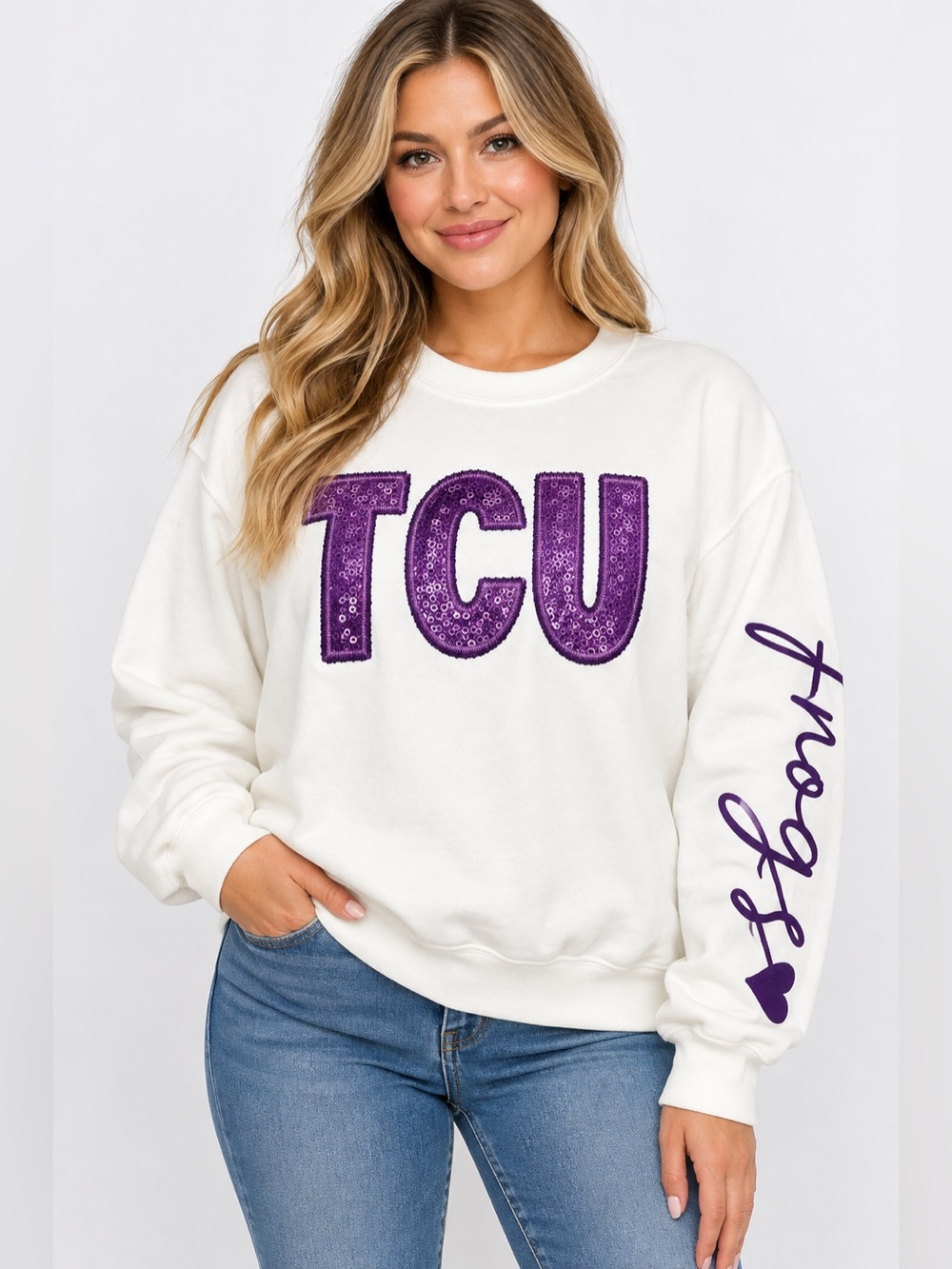 TCU Horned Frogs Women’s Medium Crewneck Sweatshirt Purple Frogs Sleeve